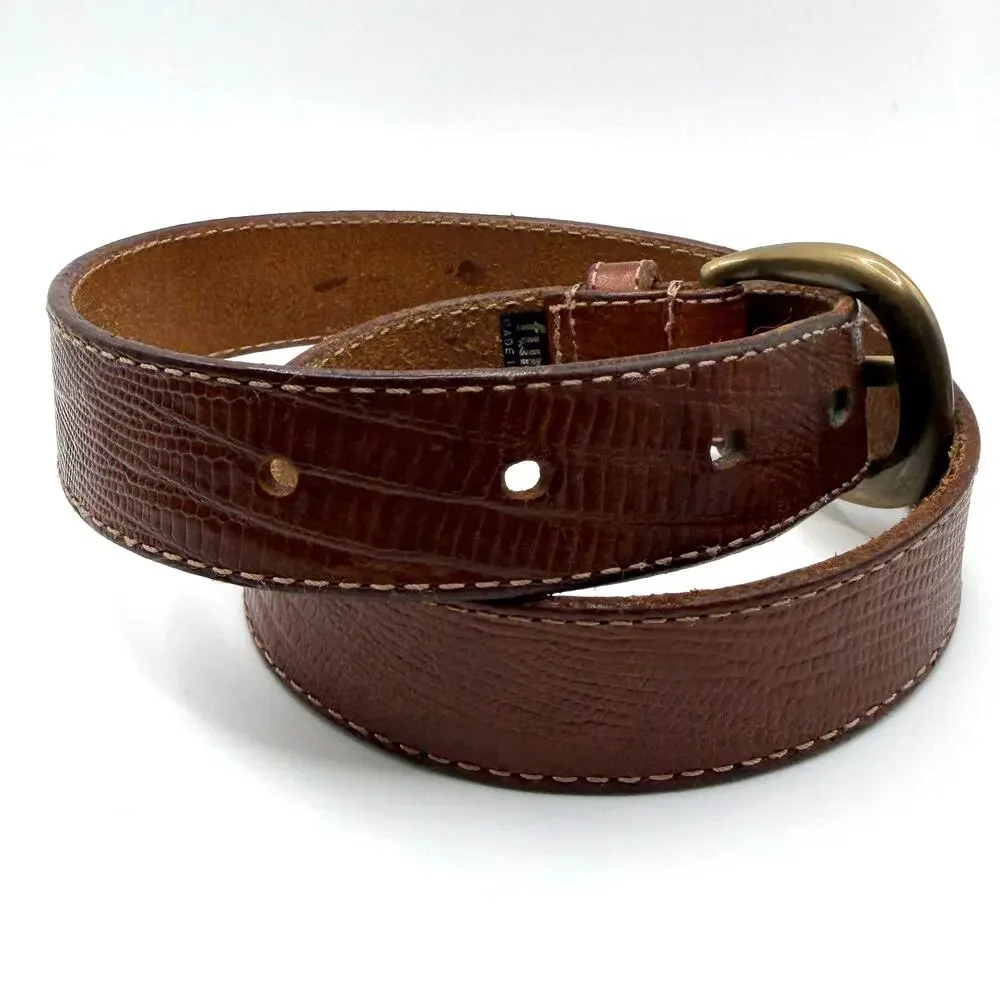 Vintage 90s Furla Brown Lizard Embossed Leather Brass Buckle Belt